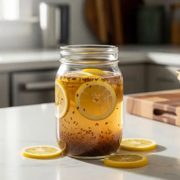 Mason jar of flaxseed water soaked overnight, a natural drink to reduce bloating and aid weight loss.
