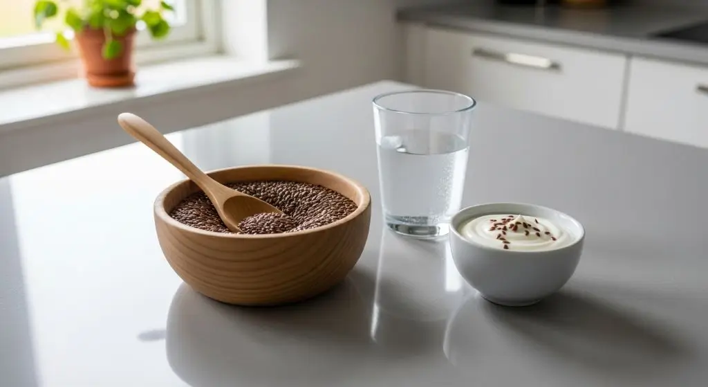 Flaxseeds in a wooden bowl with water and yogurt, showing how to take flaxseeds for weight loss.