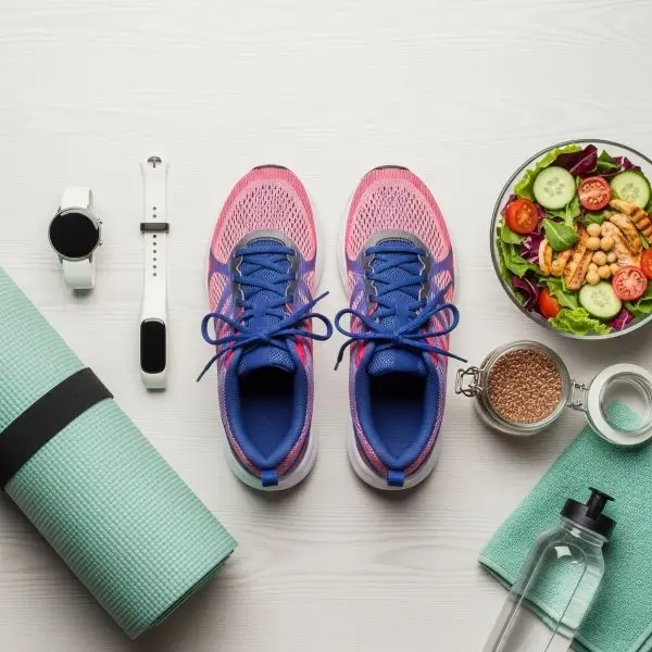 Running shoes, yoga mat, salad, and flaxseeds representing how diet and exercise work together for weight loss.
