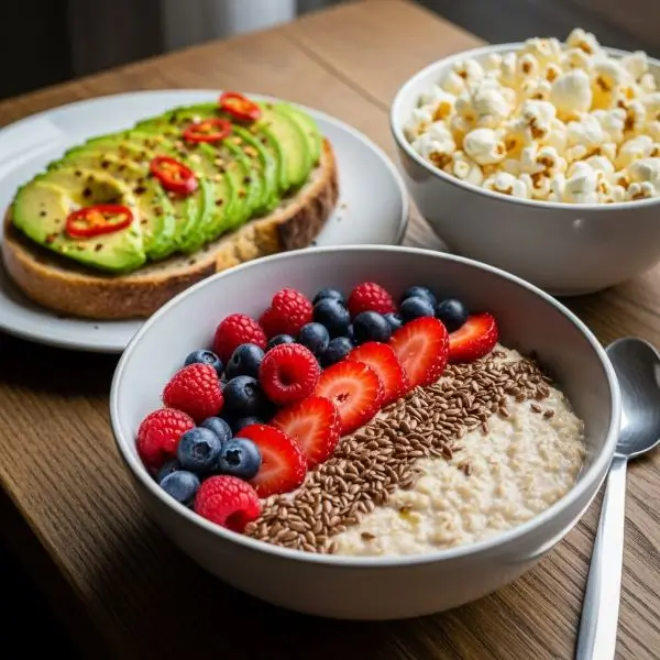 Oatmeal, avocado toast, and popcorn sprinkled with flaxseeds for easy daily weight loss tips.