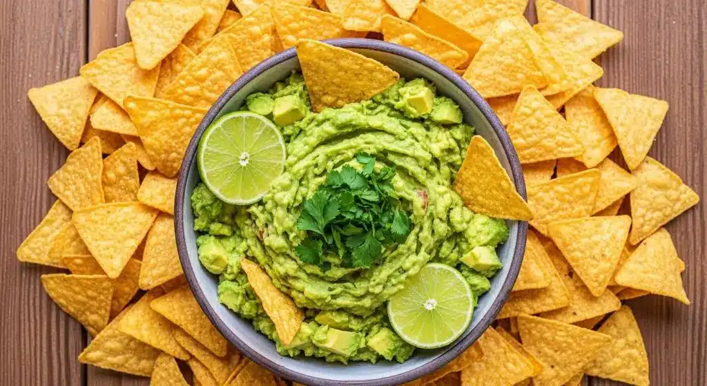 Guacamole and chips served in a bowl with fresh cilantro and lime, perfect Top 10 Super Bowl Party Snacks