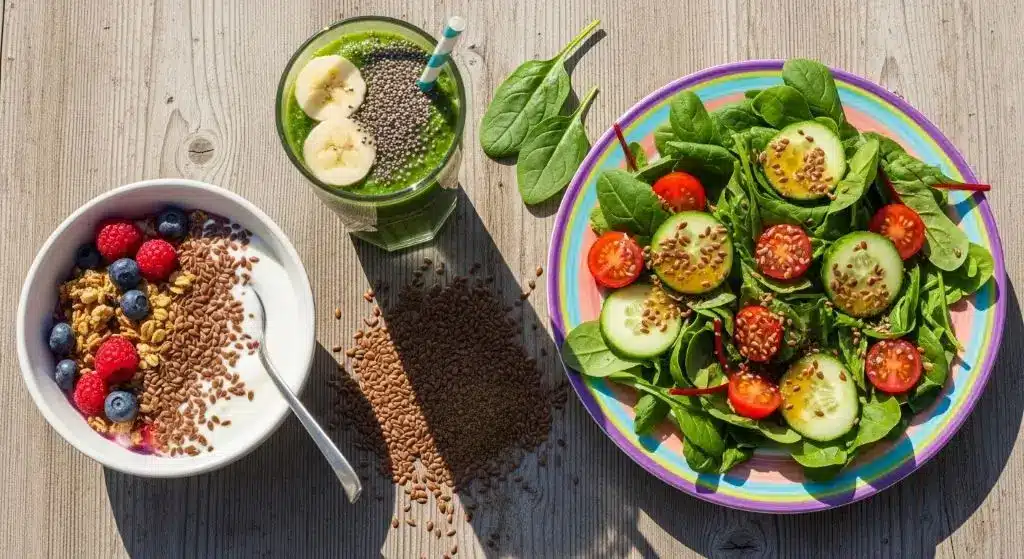 Flaxseeds with yogurt, smoothie, and salad showing appetite control, gut health, and steady energy for weight loss benefits.