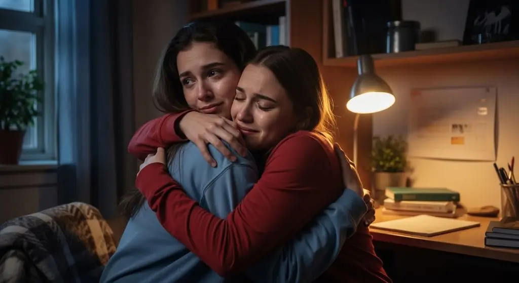 Emotional hug between siblings in a dorm room showing comfort, love, and healing, a haven of hugs in action.