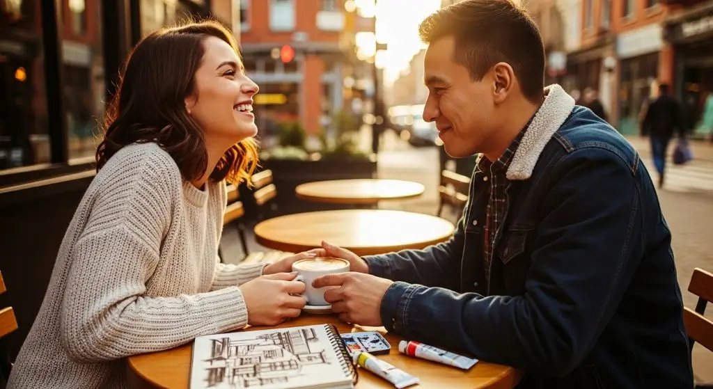 A young couple laughing at a street café, sharing coffee and dreams, illustrating the journey of choosing between love and dreams.