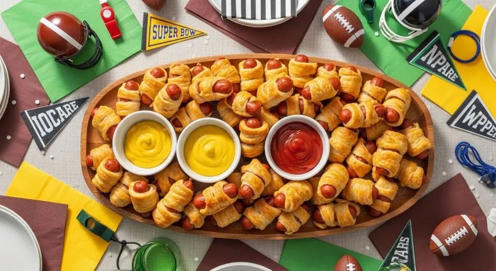 Mini Sausages in a Blanket, a delicious appetizer featured in Top 10 Super Bowl Party Snacks, served with mustard and ketchup