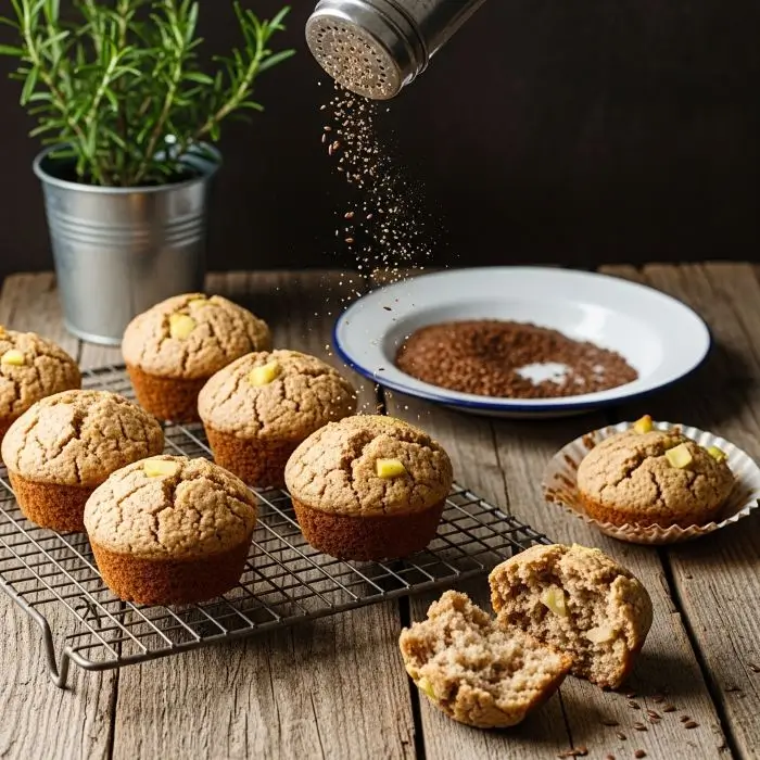 Omega-3 muffins fresh from oven, topped for flaxseed meal benefits in every heart-healthy bite.
