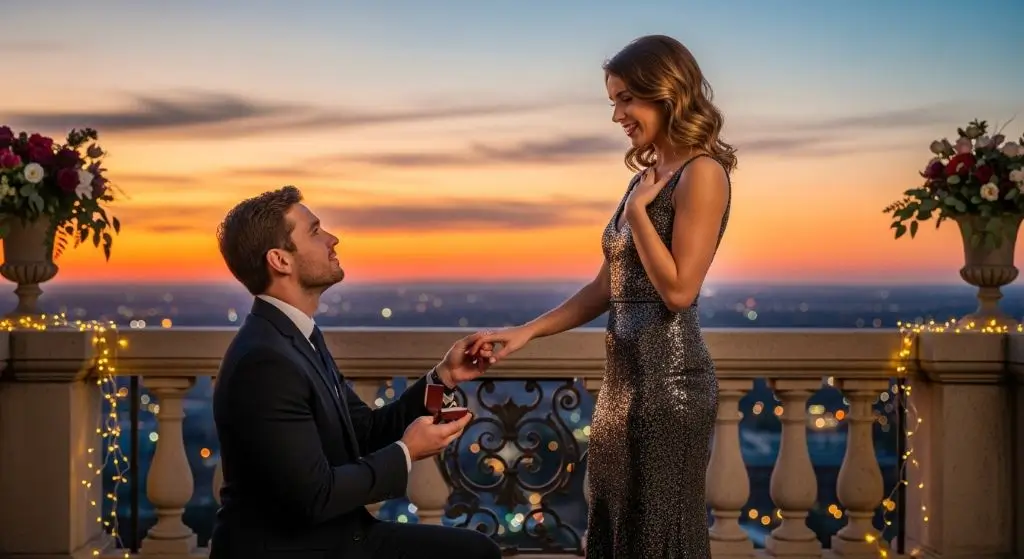 A man proposes to a woman on a balcony at sunset, capturing the emotional moment of choosing between love and dreams.