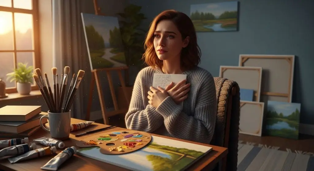 Sarah reading a heartfelt letter from her past love, reflecting on choosing between love and dreams surrounded by art.