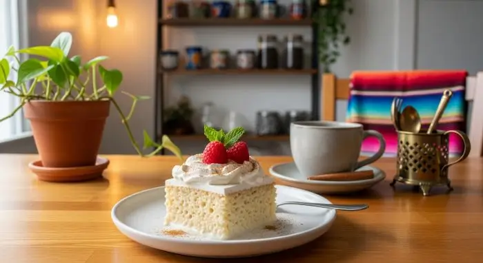 Single tres leches cake slice with berries and coffee cup on rustic kitchen table, cinnamon dust and potted plant nearby.