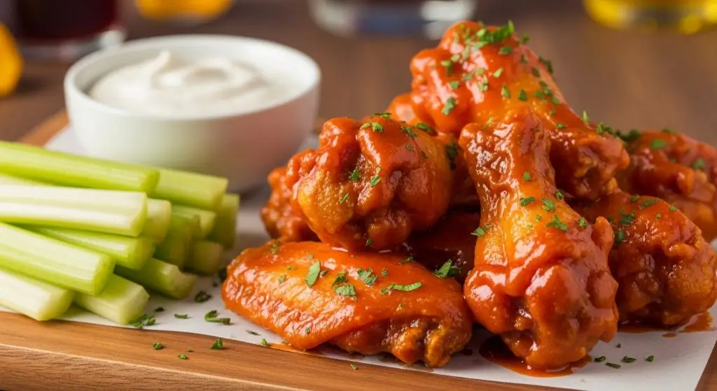 Crispy Buffalo chicken wings served with celery sticks and ranch dip, one of the Top 10 Super Bowl Party Snacks.