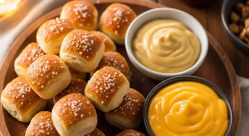 Top 10 Super Bowl Party Snacks – Soft and chewy pretzel bites served with mustard and cheese dip, perfect for parties