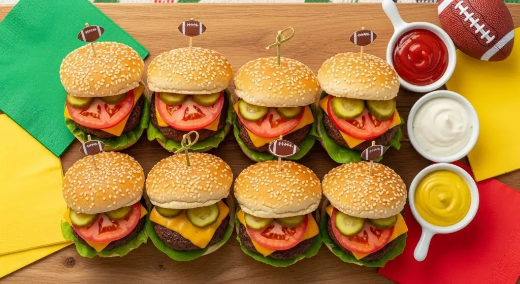Top 10 Super Bowl Party Snacks, juicy sliders with melted cheese, lettuce, tomato, and pickles served on a platter with dipping sauces