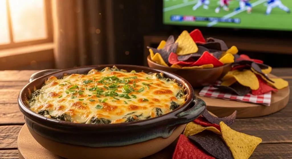 Top 10 Super Bowl Party Snacks: Creamy spinach artichoke dip with melted cheese, served with crispy tortilla chips