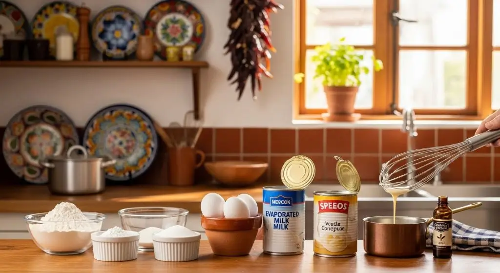 Easy tres leches cake recipe ingredients lined up on wooden counter with Latin American kitchen shelves and Talavera plates in background.