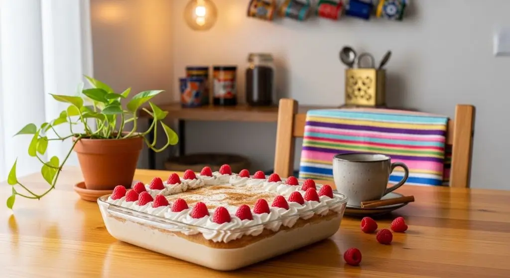tres leches cake on rustic table, raspberry garnish, coffee cup, Talavera mugs and potted pothos behind.