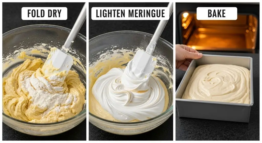 Three-step collage: fold dry mix, lighten with meringue, level pan for baking easy tres leches cake recipe.