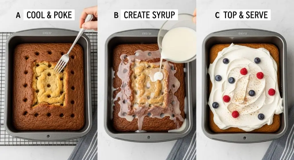Labeled trio: poke holes, pour three-milk syrup, spread whipped cream for easy tres leches cake finish.