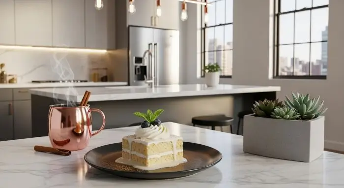 Single tres leches slice on black plate, blueberries and mint, glass coffee mug, modern marble kitchen with succulents and city view.