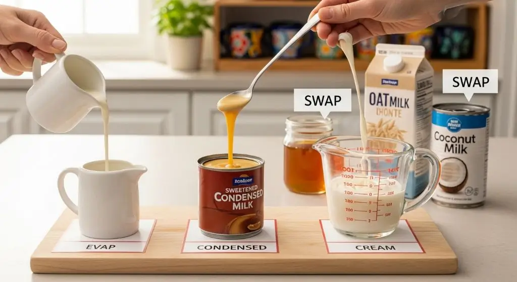 Three milks for easy tres leches cake recipe, evaporated, condensed, cream, plus oat & coconut swap options on wooden board.