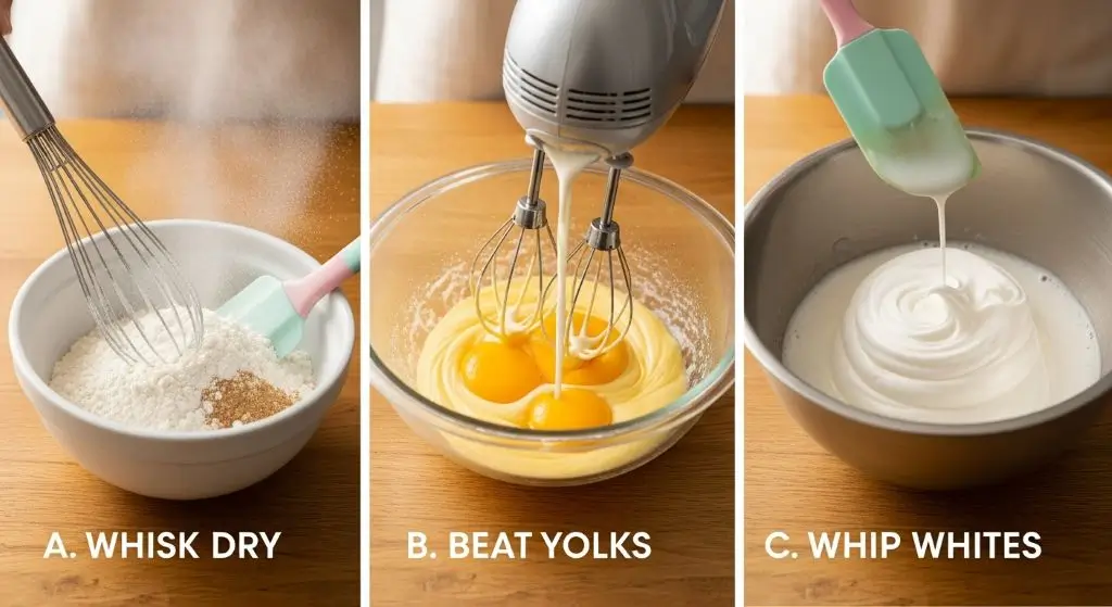 Labeled trio: whisking dry mix, beating yolks pale, whipping whites to peaks for easy tres leches cake recipe.