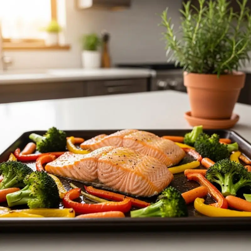 Side view of Sheet Pan Salmon & Veg with broccoli, peppers, carrots, and a rosemary plant pot in a kitchen background.