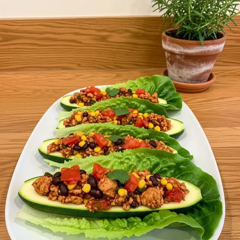 Side view of Turkey Zucchini Lettuce Boats on a plate with fresh zucchini, turkey, lettuce, and a rosemary plant pot in background.