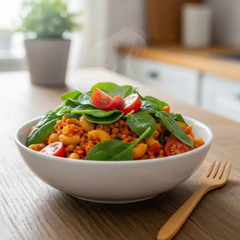 One Pot Lentil Tomato Pasta in a bowl with spinach, cherry tomatoes, and herbs – healthy, high-protein, low-calorie meal.