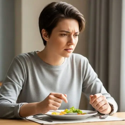 Anxious person before meal showing psychology of picky eaters and how anxiety causes extreme picky eating in adults.