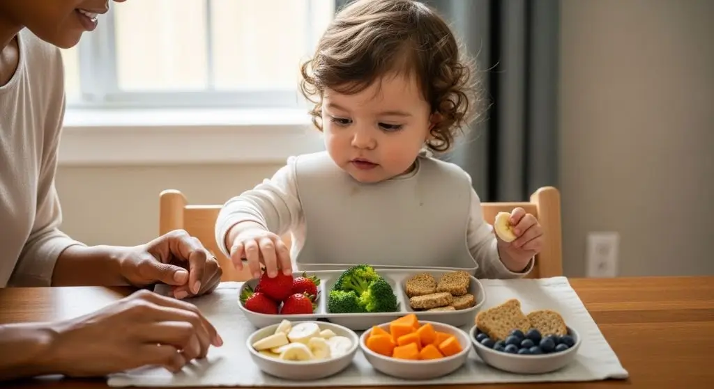 Toddler exploring colorful foods at the table, showing early picky eating habits, independence, and sensory learning during meals.