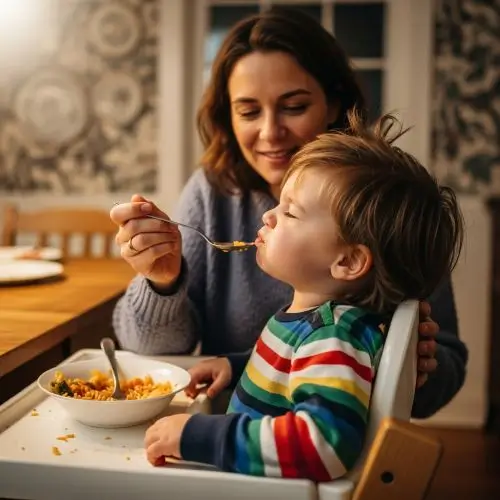 Toddler refusing food while parent encourages, showing early causes of picky eating in toddlers and lifelong eating habits.