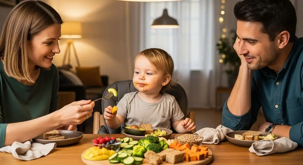 Parent encouraging child to try new healthy foods in a calm family mealtime setting, promoting positive eating habits and trust.