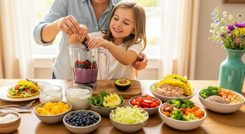 Parent and child preparing healthy customizable meals and smoothies together, promoting nutrition and variety for picky eaters.