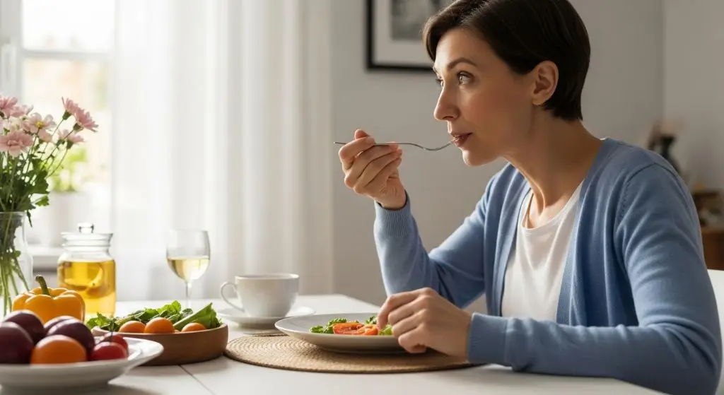 Adult trying new food with calm confidence, symbolizing mindful eating, patience, and overcoming picky eating habits.