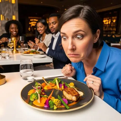 Person hesitant to try new food showing neophobia and fear of new tastes as root cause of extreme picky eating.