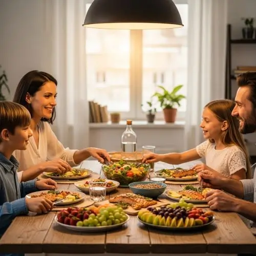 Family at dinner table showing how parental influence and calm mealtime environment affect psychology of picky eaters.