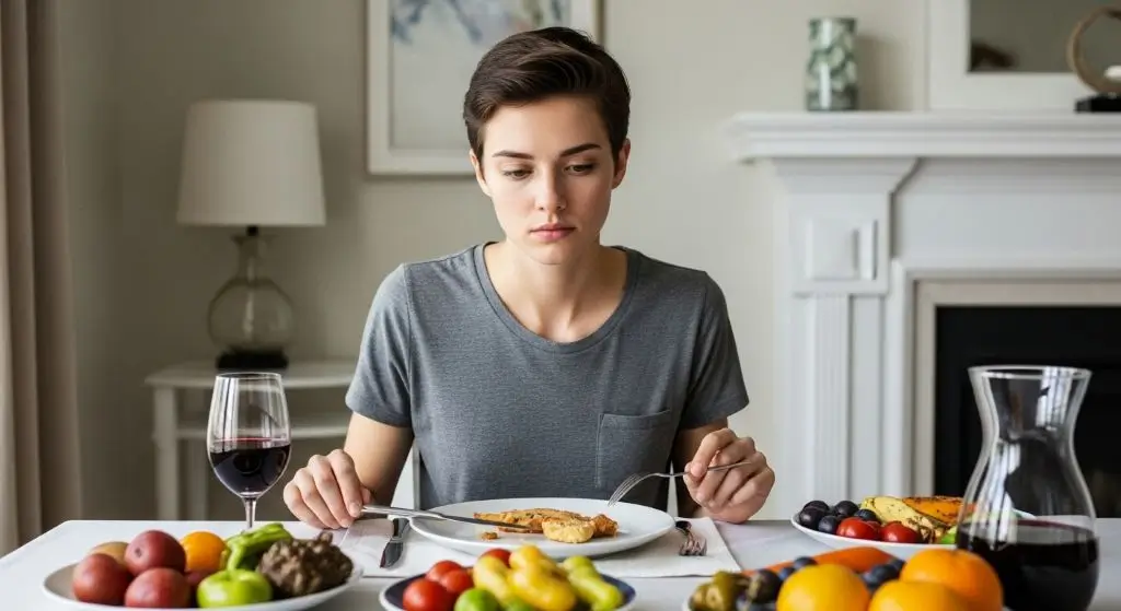 A person reflecting on food choices, showing how sensory sensitivity, emotions, and childhood experiences shape picky eating habits.