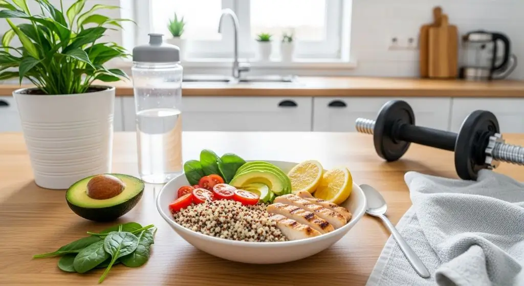 Quinoa bowl with chicken, avocado, and veggies beside gym gear showing quinoa as a superfood for body fitness and recovery.