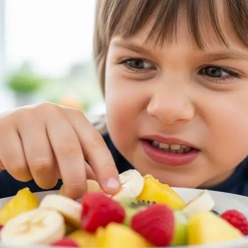 Child reacting to food textures showing sensory issues linked to what causes extreme picky eating and food aversion.