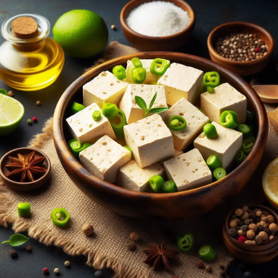 Low-carb and keto tofu dish with avocado and cauliflower mash, nutritious tofu for picky eaters on a low-carb diet.