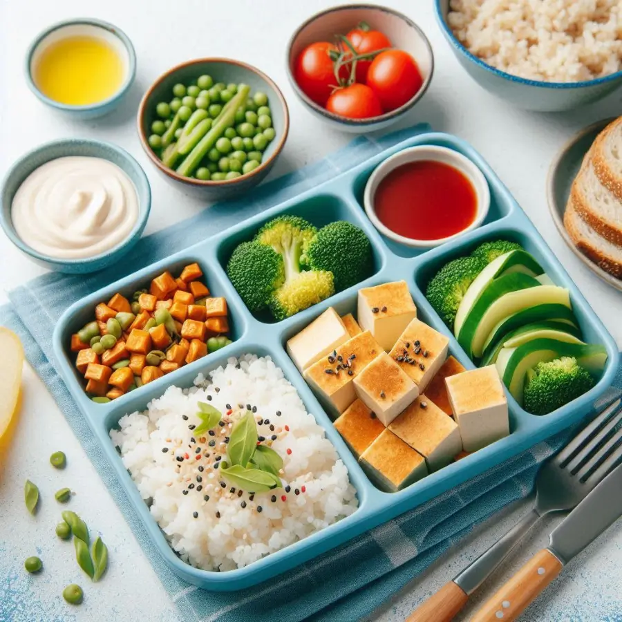Bento-style school lunch box with baked tofu bites, fruits, and dips, easy school lunch ideas using tofu for picky eaters.