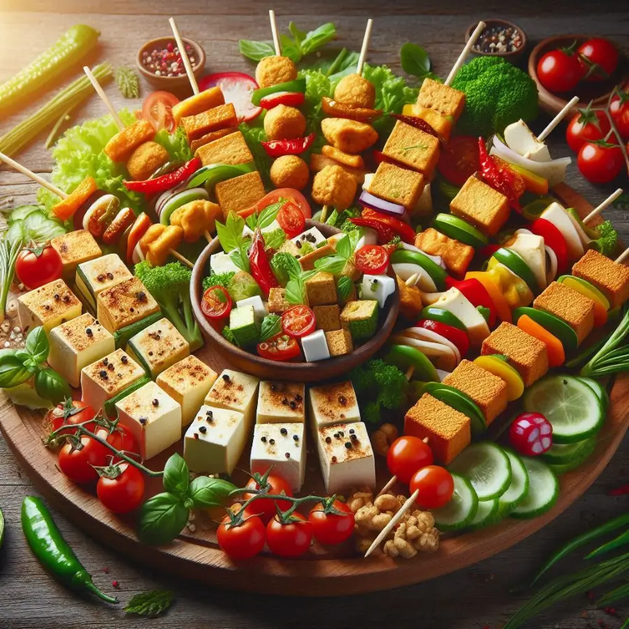 Healthy tofu snacks like baked chips, veggie skewers, and tofu cheese dip, fun snack options with tofu for picky eaters.