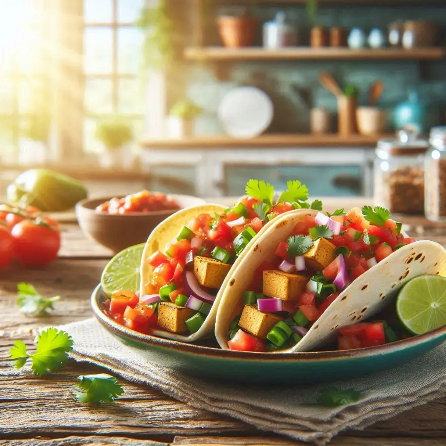 Healthy tofu tacos for picky eaters with spiced crumbled tofu, cheese, and salsa for a fun protein meal.