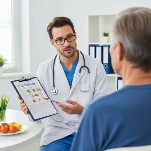 Doctor guiding adult on healthy diet showing medical causes of picky eating in adults and nutritional management.