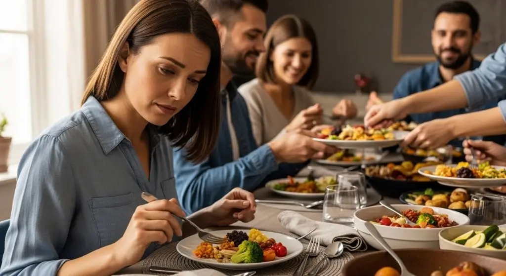 Adult hesitating to try new foods at dinner table showing emotional, sensory, and psychological causes of picky eating.