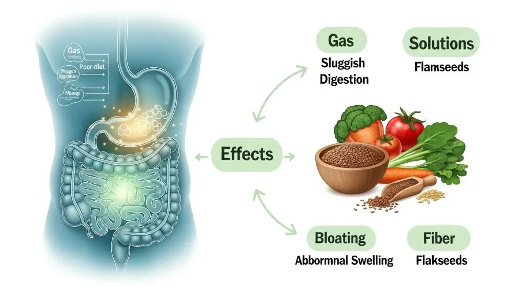 Illustration of digestive system showing bloating triggers and flaxseeds as natural relief for gut health.