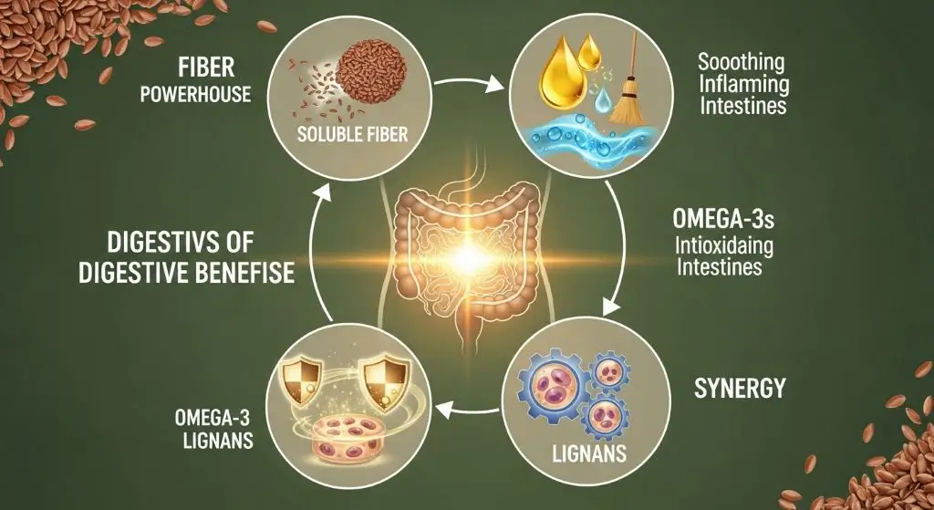 Infographic showing how flaxseeds aid digestion with fiber, omega-3s, lignans, and their synergistic gut benefits.
