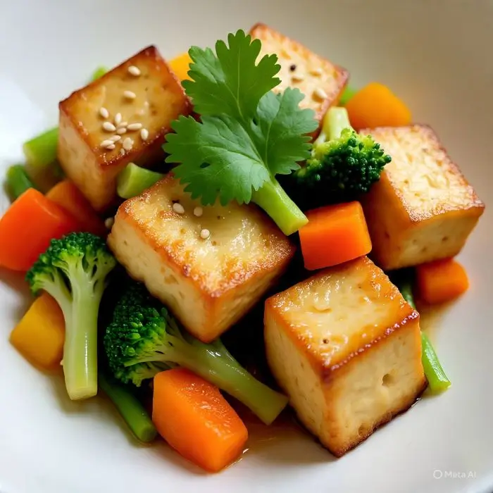 Pan-fried tofu with mixed vegetables showing tofu benefits and disadvantages in a healthy, protein-rich meal.