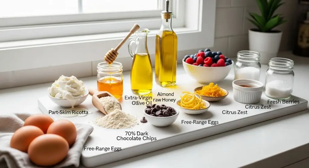 Side-view labeled line-up of healthier Cassata Cake with Ricotta ingredients: ricotta, honey, olive oil, almond flour, berries