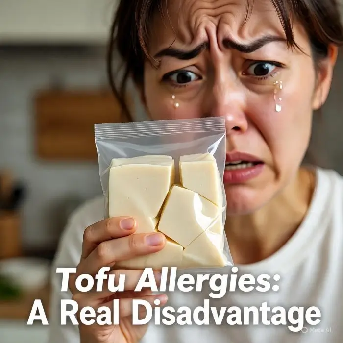 Tofu allergy warning image highlighting tofu benefits and disadvantages for people with soy intolerance