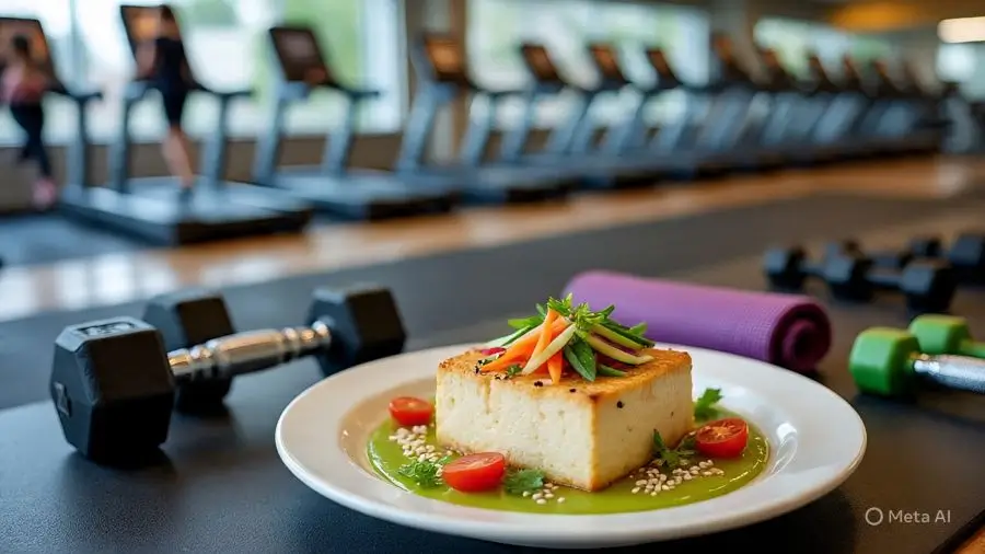Fitness and nutrition image showing diet and exercises that enhance tofu benefits and balance its disadvantages.